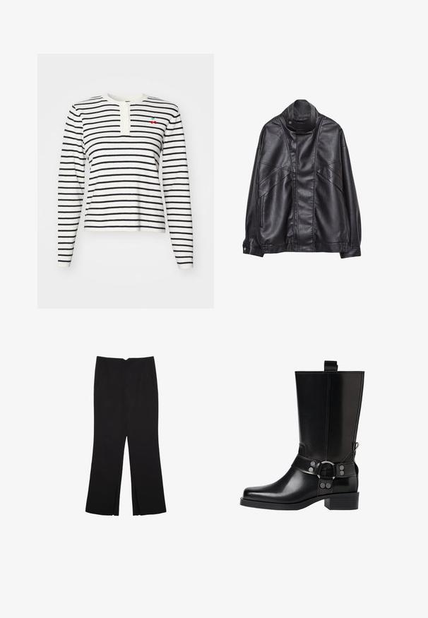 Svart läderjacka med hög krage och tryckknapp, fickor med dragkedja på sidorna och detaljerad sömnad på framsidan och ärmarna.; Långärmad randig topp i vitt och marinblått, med en henleynyt som har knappar och en liten broderad körsbärsdetalj på bröstet.; Svarta byxor med rak passform, utrustade med framfickor och sidoklyvningar vid fållen. Tillverkade av mjukt, slätt tyg. Lämpliga för olika tillfällen.; Svart läderknähöga stövlar med spetsig tå, silverfärgade spännen och klumpig klack. Har en dragflik för enkel påtagning.