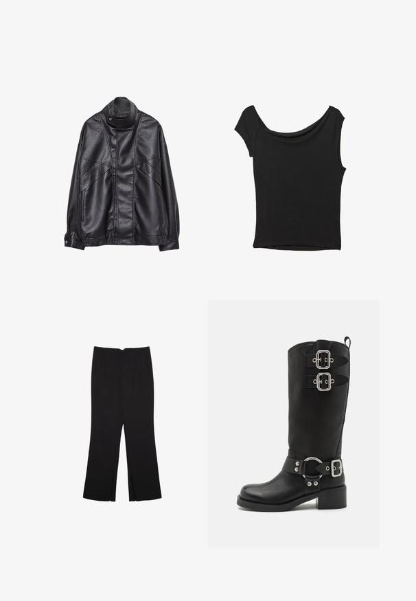 Černá kožená bunda s vysokým límcem a patentkami, zipovými kapsami na bocích a detailním prošíváním na přední části a rukávech.; Černý krátký rukáv top vyrobený z hladké látky; má drapovaný výstřih a asymetrický lem, s přiléhavým střihem.; Černé kalhoty s rovným střihem, s předními kapsami a bočními rozparky na lemu. Vyrobené z jemné, hladké tkaniny. Vhodné na různé příležitosti.; Černé kožené kozačky po kolena se dvěma přezkami, kulatou špičkou, robustním podpatkem a dekorativními stříbrnými akcenty. Texturovaný povrch.