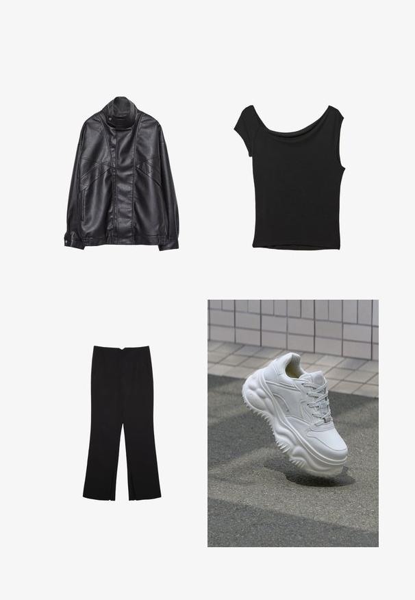 Sort læderjakke med høj krave og trykknap, lynlås lommer på siderne og detaljeret syning på fronten og ærmerne.; Sort kortærmet top lavet af glat stof; har en draperet halsudskæring og en asymmetrisk kant, med en tætsiddende pasform.; Sorte bukser med lige pasform, der har frontlommer og slidser i kanten. Lavet af blødt, glat stof. Velegnet til forskellige anledninger.; Hvide lædersneakers med en kraftig sål, teksturerede detaljer og snørelukning. Har formede accenter og en glat finish.