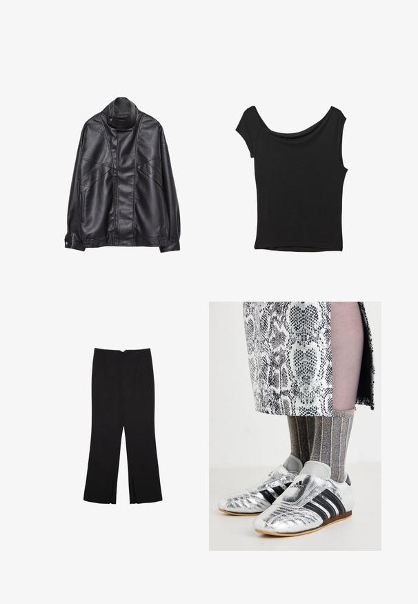 Czarna skórzana kurtka z wysokim kołnierzem i zatrzaskiem, z zapinanymi na zamek kieszeniami po bokach oraz szczegółowym przeszyciem z przodu i na rękawach.; Czarna bluzka z krótkim rękawem, wykonana z gładkiego materiału; posiada dekolt w stylu drapowanym oraz asymetryczny dół, z dopasowanym krojem.; Czarne spodnie o prostym kroju, z przednimi kieszeniami i bocznymi rozcięciami na dole. Wykonane z miękkiego, gładkiego materiału. Odpowiednie na różne okazje.; Srebrne buty piłkarskie z czarnymi paskami i eleganckim wzornictwem, w połączeniu z teksturowanymi szarymi i złotymi skarpetkami w prążki oraz spódnicą w wzory.