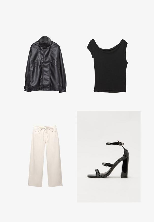 Čierna kožená bunda s vysokým golierom a cvokmi, so zipsovými vreckami po stranách a precízne prešívaním na prednej strane a rukávoch.; Čierny krátky rukáv top vyrobený z hladkej tkaniny; má prehnutý výstrih a asymetrický lem, s priliehavým telom.; Voľné nohavice z krémovej tkaniny. Obsahujú elastický pás so šnúrkou a kovové akcenty na vreckách. Majú hladkú textúru a uvoľnený strih.; Čierne lakované sandále na podpätku so štvorcovou špičkou, navlečenými remienkami okolo členku a striebornými prackami. Disponujú masívnym blokovým podpätkom pre stabilitu.