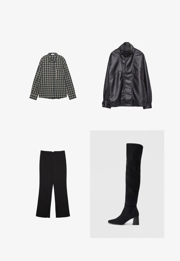 Giacca in pelle nera con collo alto e bottone a scatto, tasche con zip sui lati e cuciture dettagliate sul davanti e sulle maniche.; Camicia a maniche lunghe a quadri in blu scuro e crema, con bottoni frontali, colletto e una tasca sul petto. Realizzata in un tessuto morbido e testurizzato.; Pantaloni neri a gamba dritta, con tasche frontali e spacchi laterali all'orlo. Realizzati in tessuto morbido e liscio. Adatti a diverse occasioni.; Stivale in suede nero alto fino al ginocchio con tacco a blocco, punta affusolata e design liscio e senza cuciture su uno sfondo chiaro e semplice.