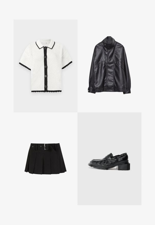 Musta nahkatakki, jossa on korkea kaulus ja nepparit, vetoketjulliset taskut sivuilla sekä yksityiskohtaista ompelua edessä ja hihoissa.; Valkoinen lyhythihainen neulekortti, jossa on rei'itetty pinta, mustat reunat ja kuusi mustaa nappia edessä. Hieman aaltoileva helma korostaa reunoja.; Mustat poimutetut hameet vyöllä. Valmistettu sileästä kankaasta, jossa on hopeinen solki ja rakenteellinen vyötärö, joka lisää tyyliä.; Mustat nahkakengät, joissa on jämäkkä pohja, hieman korotettu lohkopohja ja teksturoitu pinta, jota pidetään paikallaan etuhihnalla.
