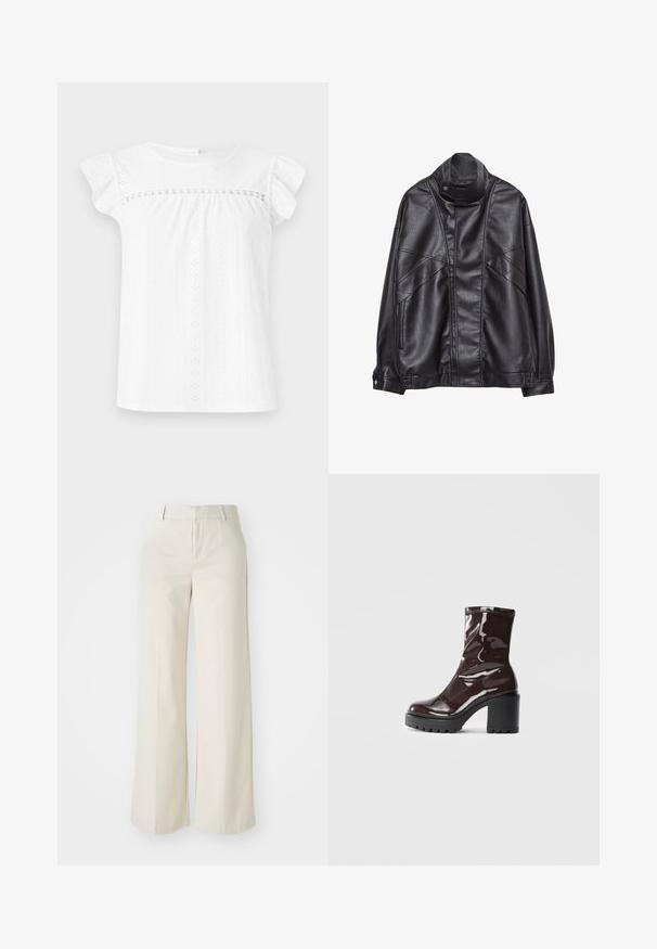 Musta nahkatakki, jossa on korkea kaulus ja nepparit, vetoketjulliset taskut sivuilla sekä yksityiskohtaista ompelua edessä ja hihoissa.; Valkoinen lyhythihainen toppi, joka on valmistettu teksturoidusta kankaasta, jossa on reikämallisia kuvioita. Siinä on kerrottu vartalo ja frilla hihassa, mikä luo rentoa siluettia.; Tilavat housut vaaleassa beigeissä sävyissä, valmistettu sileästä kankaasta. Ominaisuuksina klassinen vyötäröosa ja litteä etuosa, joissa on puhtaat linjat.; Satea bordeaux berwarna mengkilap dengan tumit hitam tebal, menampilkan tekstur halus dan desain sederhana. Tanpa pengikat atau pola yang terlihat.