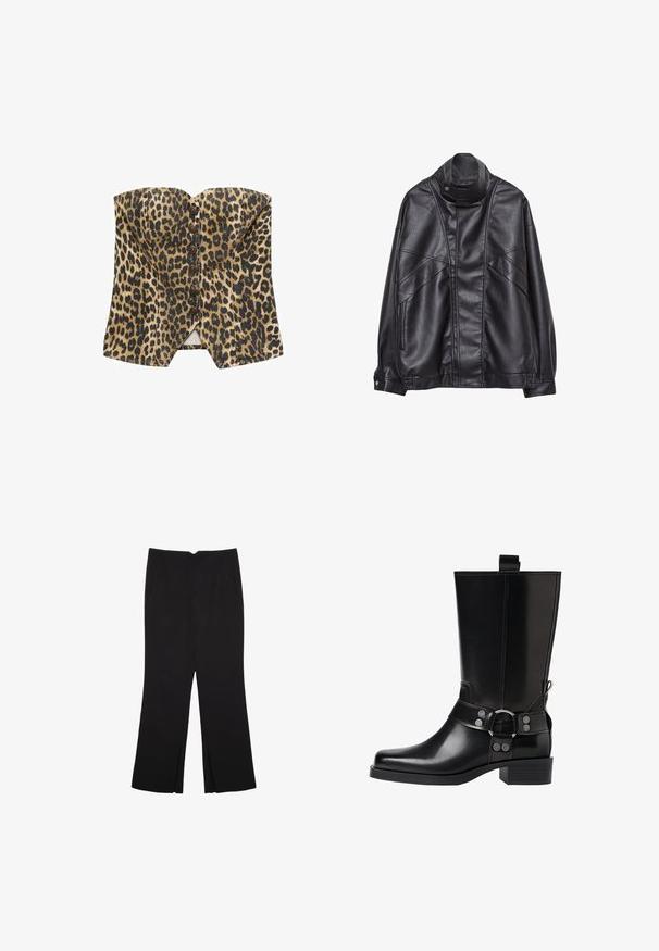Czarna skórzana kurtka z wysokim kołnierzem i zatrzaskiem, z zapinanymi na zamek kieszeniami po bokach oraz szczegółowym przeszyciem z przodu i na rękawach.; Top bez ramiączek w leopardzi wzór, wykonany z teksturowanej tkaniny, z zamknięciem na guziki z przodu oraz dopasowanym krojem z wydłużonym dołem.; Czarne spodnie o prostym kroju, z przednimi kieszeniami i bocznymi rozcięciami na dole. Wykonane z miękkiego, gładkiego materiału. Odpowiednie na różne okazje.; Czarne skórzane buty za kolano z wydłużonym noskiem, srebrnymi akcentami w postaci klamr oraz masywnym obcasem. Posiadają pętelkę umożliwiającą łatwe zakładanie.