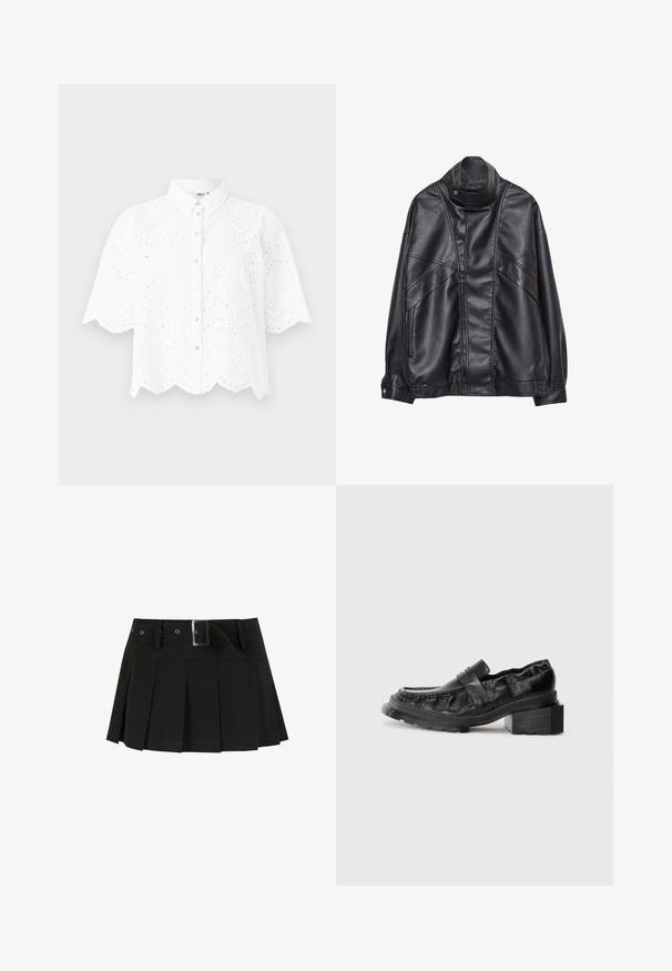 Czarna skórzana kurtka z wysokim kołnierzem i zatrzaskiem, z zapinanymi na zamek kieszeniami po bokach oraz szczegółowym przeszyciem z przodu i na rękawach.; Biała koszula z krótkim rękawem i kołnierzykiem, zdobiona misternymi wycięciami oraz falbaniastym dołem. Zapięcie na guziki z przodu.; Czarna plisowana spódnica z paskiem. Wykonana z gładkiego materiału, z metalowym zapięciem w kolorze srebrnym i usztywnioną talią dla dodatkowego stylu.; Czarne skórzane mokasyny z usztywnioną podeszwą, z lekko podniesionym obcasem w kształcie bloku i teksturowanym wierzchem, zapinane na przedni pasek.