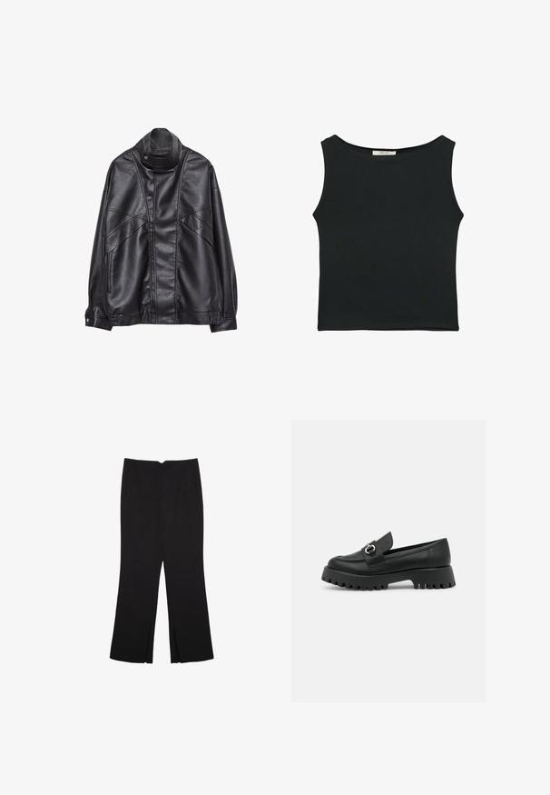 Čierna kožená bunda s vysokým golierom a cvokmi, so zipsovými vreckami po stranách a precízne prešívaním na prednej strane a rukávoch.; Čierny bezrukávový top vyrobený z hladkej tkaniny, s okrúhlym výstrihom a priliehavým strihom bez viditeľných vzorov alebo ozdôb.; Čierne nohavice so strihom rovného strihu, s prednými vreckami a bočnými rozparkami na leme. Vyrobené z mäkkej, hladkej tkaniny. Vhodné na rôzne príležitosti.; Čierne kožené mokasíny s okrúhlou špičkou, s prackou na ozdobu a robustnou, drvenou podrážkou. Hladká textura s minimom švov.