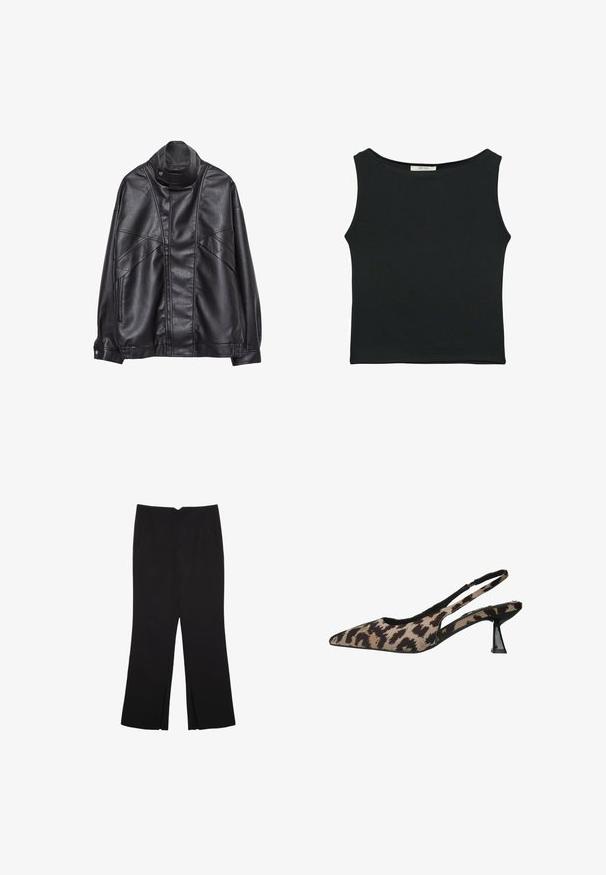 Black leather jacket with high collar and snap button, zip pockets on sides, and detailed stitching on front and sleeves.; Black sleeveless top made of smooth fabric, featuring a rounded neckline and a fitted design with no visible patterns or embellishments.; Black trousers with a straight fit, featuring front pockets and side slits at the hem. Made of soft, smooth fabric. Suitable for various occasions.; Pointed toe slingback shoe in a beige and brown animal print fabric, featuring a clear heel and black trim along the edges.
