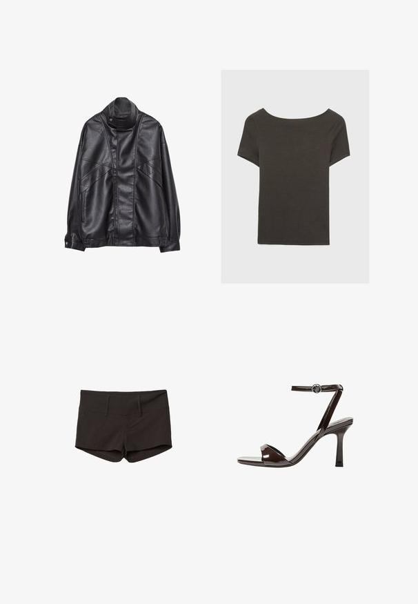 Musta nahkatakki, jossa on korkea kaulus ja nepparit, vetoketjulliset taskut sivuilla sekä yksityiskohtaista ompelua edessä ja hihoissa.; Tummanharmaa lyhythihainen paita, jossa on venepääntie. Valmistettu ribbikankaasta, jossa on rento istuvuus ja siisti helmaviimeistely. Yksinkertainen muotoilu, ilman kuvioita.; Mustat puuvillahousut, joissa on tiukka malli, sileä pinta ja kaksi etutaskua. Keskikorkea vyötärö ja ei havaittavia kuvioita.; Sandaalit korkean koronan ruskeasta mokkanahasta, jossa on nilkkaremmi, avonainen kärki ja tyylikäs, minimalistinen muotoilu. Varusteena neliön muotoinen korko.