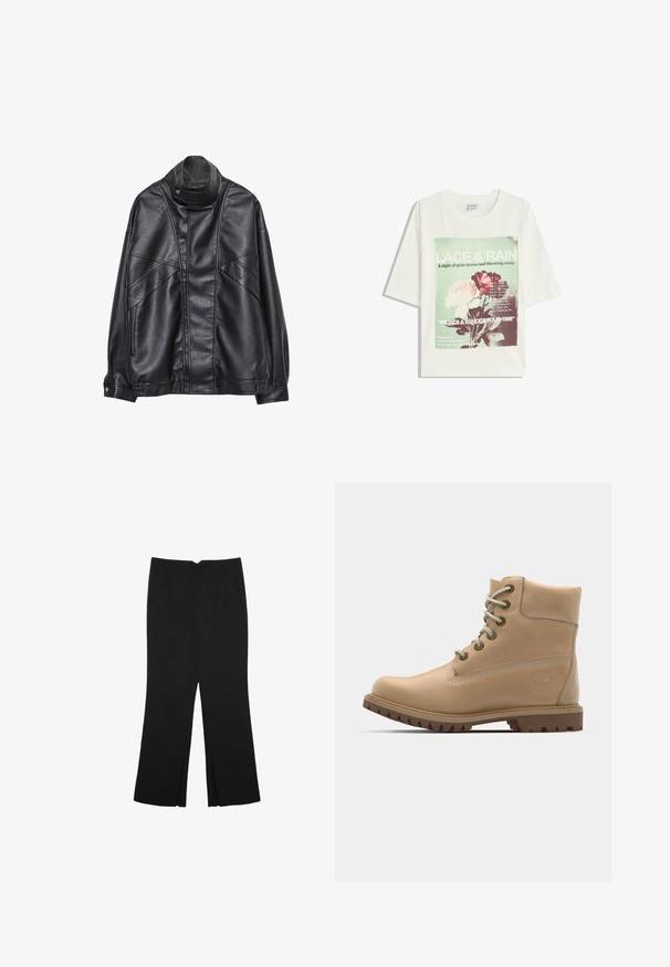 Černá kožená bunda s vysokým límcem a patentkami, zipovými kapsami na bocích a detailním prošíváním na přední části a rukávech.; Bílé tričko s krátkým rukávem s zeleným a růžovým květinovým vzorem a textem uvádějícím data a místa turné z roku 1998 na přední straně.; Černé kalhoty s rovným střihem, s předními kapsami a bočními rozparky na lemu. Vyrobené z jemné, hladké tkaniny. Vhodné na různé příležitosti.; Béžová kožená kotníková boty s kulatou špičkou, béžovými tkaničkami a robustní podrážkou. Obsahuje boční švy a kulatou značku na patě.