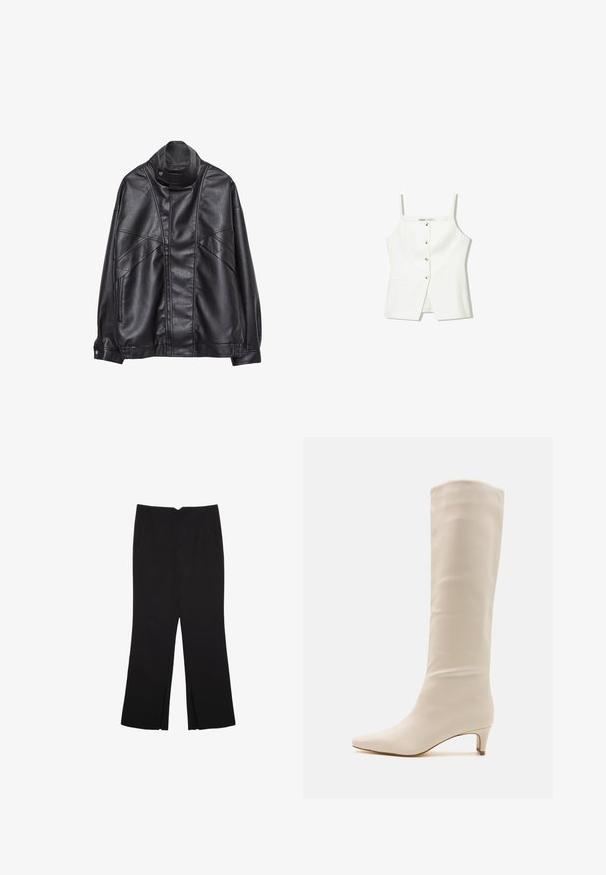 Giacca in pelle nera con collo alto e bottone a scatto, tasche con zip sui lati e cuciture dettagliate sul davanti e sulle maniche.; Top bianco senza maniche con bottini frontali, tasche laterali e un design aderente con orlo leggermente svasato. Texture liscia, minimalista nei dettagli.; Pantaloni neri a gamba dritta, con tasche frontali e spacchi laterali all'orlo. Realizzati in tessuto morbido e liscio. Adatti a diverse occasioni.; RAID LAYLA - Stivali alti - off white