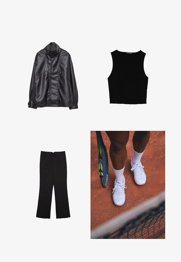 Sort læderjakke med høj krave og trykknap, lynlås lommer på siderne og detaljeret syning på fronten og ærmerne.; Sort ærmeløs crop top lavet af glat stof, med rund hals og et rent, enkelt design uden mønstre eller hardware.; Sorte bukser med lige pasform, der har frontlommer og slidser i kanten. Lavet af blødt, glat stof. Velegnet til forskellige anledninger.; Hvide tennissko med mesh-paneler og rosa detaljer, iført hvide sokker, placeret på en grusbane med en tennisketsjer i nærheden.