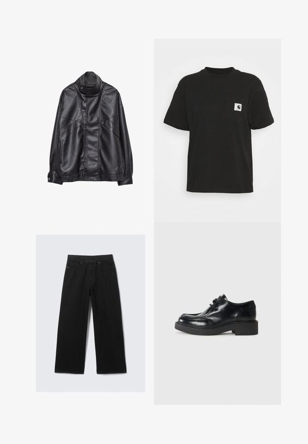 Zwarte leren jas met hoge kraag en drukknoop, ritszakken aan de zijkanten en gedetailleerde stiksels op de voorkant en mouwen.; Zwarte katoenen T-shirt met korte mouwen, ronde hals en een voorzak met een vierkant logo in wit en zwart.; Zwarte wijdvallende broek van denim, met een klassieke vijf-pocketontwerp en een gestructureerde tailleband met riemlussen.; Zwarte leren oxford schoen met een ronde neus, vetersluiting en een dikke zwarte rubberen zool. Glad oppervlak en minimale stikdetails.