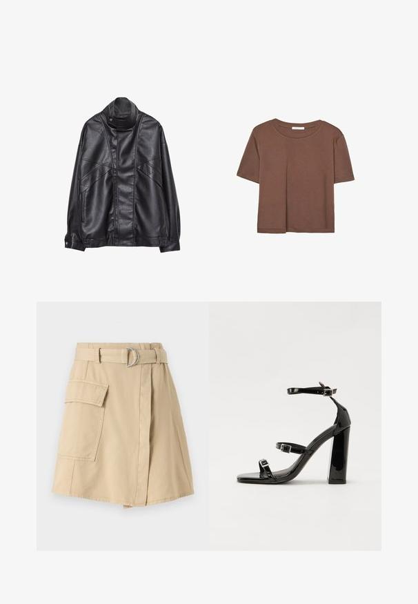 Veste en cuir noir avec col haut et bouton-pression, poches zippées sur les côtés, et coutures détaillées à l'avant et sur les manches.; T-shirt marron à manches courtes en tissu doux, avec un col rond et une coupe décontractée. Aucun motif ni accent visible.; Jupe en coton beige avec une poche latérale, taille ceinturée avec un anneau argenté, et une légère silhouette en A. Texture lisse et design simple.; Sandales à talons vernies noires avec un bout carré, des sangles autour de la cheville et des boucles en argent. Dotées d'un talon bloc épais pour plus de stabilité.