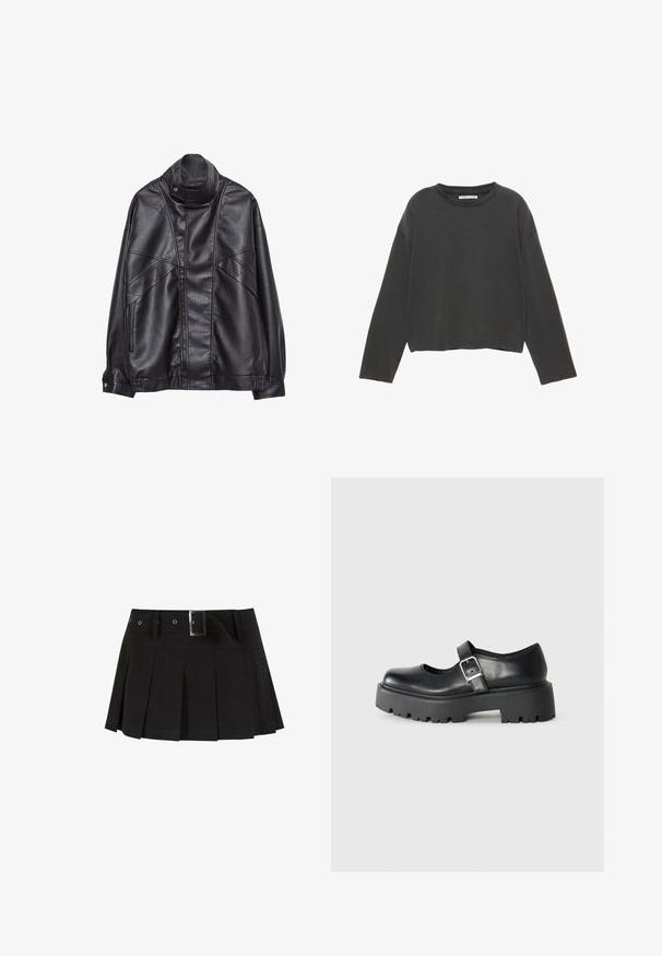Svart läderjacka med hög krage och tryckknapp, fickor med dragkedja på sidorna och detaljerad sömnad på framsidan och ärmarna.; Svart kortärmad t-shirt med lång ärm i mjukt bomullsmaterial. Har en rund halsringning och synlig sömnad längs sömmarna.; Svart plisserad kjol med bälte. Tillverkad av ett mjukt tyg, med en silverfärgad spänne och en strukturerad midja för extra stil.; ALDO ARIGON - Slip-ins - black