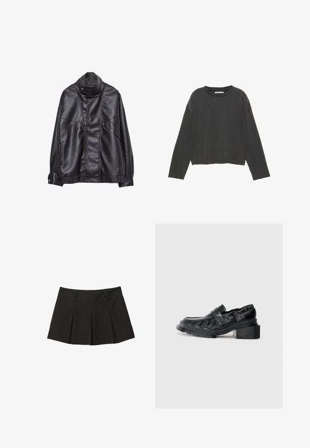 Črna usnjena jakna z visokim ovratnikom in pritrdilnimi gumbi, z žepi na zadrgo ob straneh ter podrobnim šivanjem spredaj in na rokavih.; Črn skrajšan dolgi rokav T-shirt iz mehkega bombažnega materiala. Ima okroglo izrez in vidno šivanje ob šivih.; Črna nabirana krila z oblikovanjem pasu in mehkega materiala. Oblikovana z naborki spredaj za dodatno obliko in stil.; Črne usnjene loferice s strukturirano podplatom, ki imajo nekoliko dvignjen blok peto in teksturirano zgornji del, zavarovane s sprednjim pasom.
