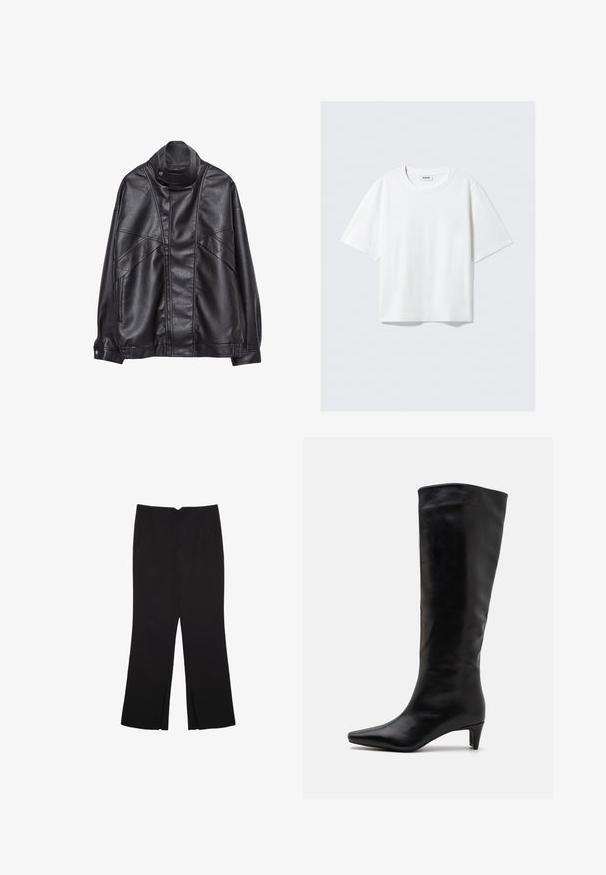 Črna usnjena jakna z visokim ovratnikom in pritrdilnimi gumbi, z žepi na zadrgo ob straneh ter podrobnim šivanjem spredaj in na rokavih.; Bela kratka majica s kratkimi rokavi iz mehkega bombaža, s krožnim izrezom in ohlapnim krojem, z ravnim robom, brez vzorcev ali grafike.; Črne hlače ravnega kroja z naglavnimi žepi in stranskimi razporki na robu. Narejene iz mehke, gladke tkanine. Primerne za različne priložnosti.; Črne usnjene škornje do kolen s koničastim nosom in nizko, elegantno peto; gladka tekstura s preprostim in elegantnim dizajnom.