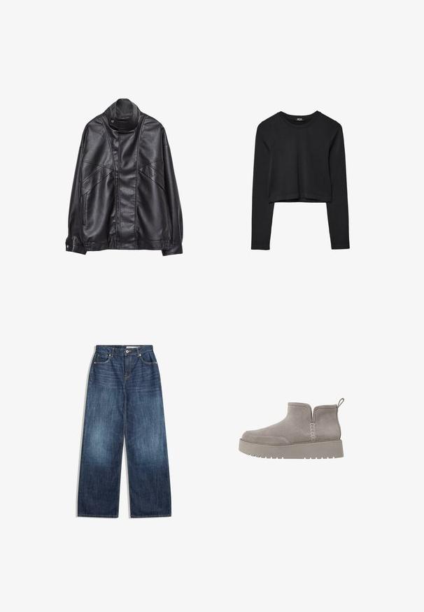 Črna usnjena jakna z visokim ovratnikom in pritrdilnimi gumbi, z žepi na zadrgo ob straneh ter podrobnim šivanjem spredaj in na rokavih.; Črna dolgi rokavi prerezana majica s krožnim izrezom, enostaven dizajn in rahlo ukrivljen rob.; Široke jeans hlače v temno modrem denimu, z zasnovo petih žepov, svetlim šivom in gumbom za zapiranje na pasu.; Sivi nubuk čevelj do gležnjev z nizkim profilom, elastičnimi stranskimi paneli in teksturirano gumijasto podplato. Ima zanko za enostavno oblačenje.