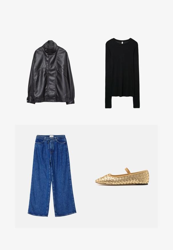 Giacca in pelle nera con collo alto e bottone a scatto, tasche con zip sui lati e cuciture dettagliate sul davanti e sulle maniche.; Maglietta nera a maniche lunghe, realizzata in un morbido materiale a maglia. Collo tondo, forma aderente e maniche allungate con una leggera forma svasata.; Jeans blu a gamba larga realizzati in denim, con vita elasticizzata e cordino, due tasche anteriori e una vestibilità ampia.; Loeffler Randall LEONIE SOFT BALLET FLAT - Ballerine con cinturino - gold