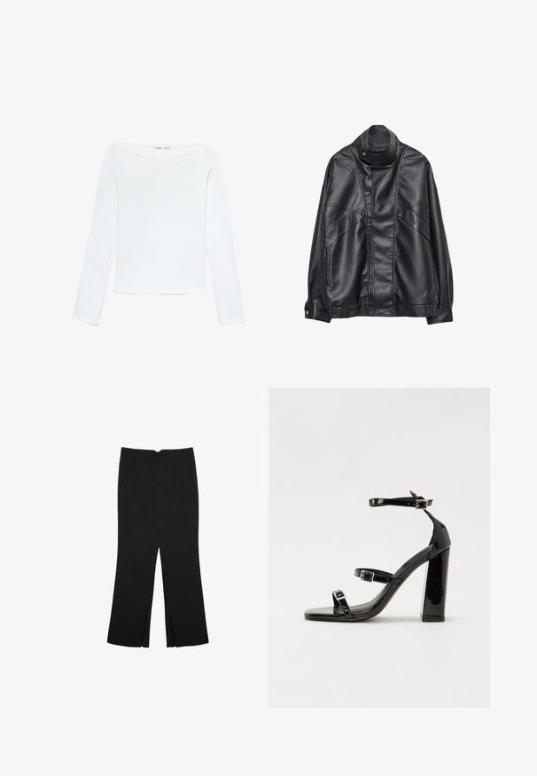 Černá kožená bunda s vysokým límcem a patentkami, zipovými kapsami na bocích a detailním prošíváním na přední části a rukávech.; Bílá dlouhá mikina s lodním výstřihem, úzký střih a hladká textura, ležící na bílém pozadí.; Černé kalhoty s rovným střihem, s předními kapsami a bočními rozparky na lemu. Vyrobené z jemné, hladké tkaniny. Vhodné na různé příležitosti.; Černé lakované sandály na podpatku se čtveratou špičkou, lýtkovými pásky a stříbrnými přezkami. Disponují masivním blokovým podpatkem pro stabilitu.