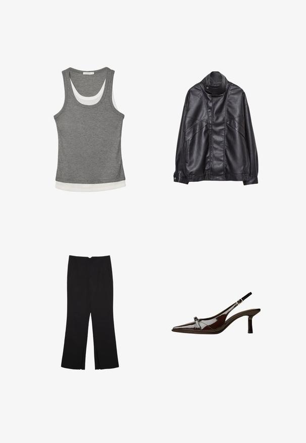 Black leather jacket with high collar and snap button, zip pockets on sides, and detailed stitching on front and sleeves.; Gray tank top made of ribbed fabric, featuring a white layered hem and scoop neckline. The design is sleeveless with a fitted shape.; Black trousers with a straight fit, featuring front pockets and side slits at the hem. Made of soft, smooth fabric. Suitable for various occasions.; Brown patent leather slingback shoe with pointed toe, low heel, and a decorative bow accent on the front. Smooth, shiny texture.
