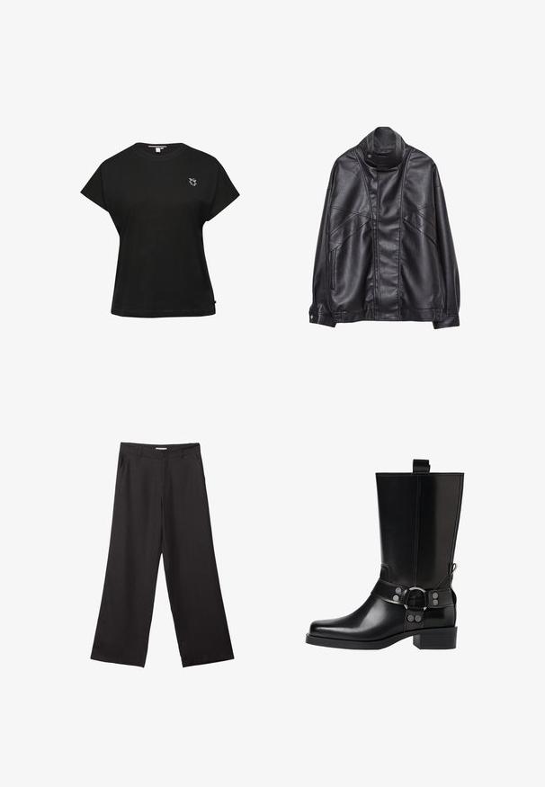 Schwarze Lederjacke mit hohem Kragen und Druckknopf, Reißverschlusstaschen an den Seiten und detaillierterStickerei an der Vorderseite sowie an den Ärmeln.; Schwarzes Baumwoll-T-Shirt mit entspanntem Schnitt, kurzen Ärmeln, Rundhalsausschnitt und einem kleinen weißen gestickten Logo auf der Brust. Gerader Saum.; Schwarze weite Hosen aus glattem Stoff, mit einem Reißverschluss vorne und zwei seitlichen Taschen, maßgeschneiderter Passform und minimalistischem Design.; Schwarze Lederstiefel bis zum Knie mit spitzer Zehenform, silbernen Schnallenakzenten und einem klobigen Absatz. Verfügt über eine Zuglasche für einfaches Anziehen.