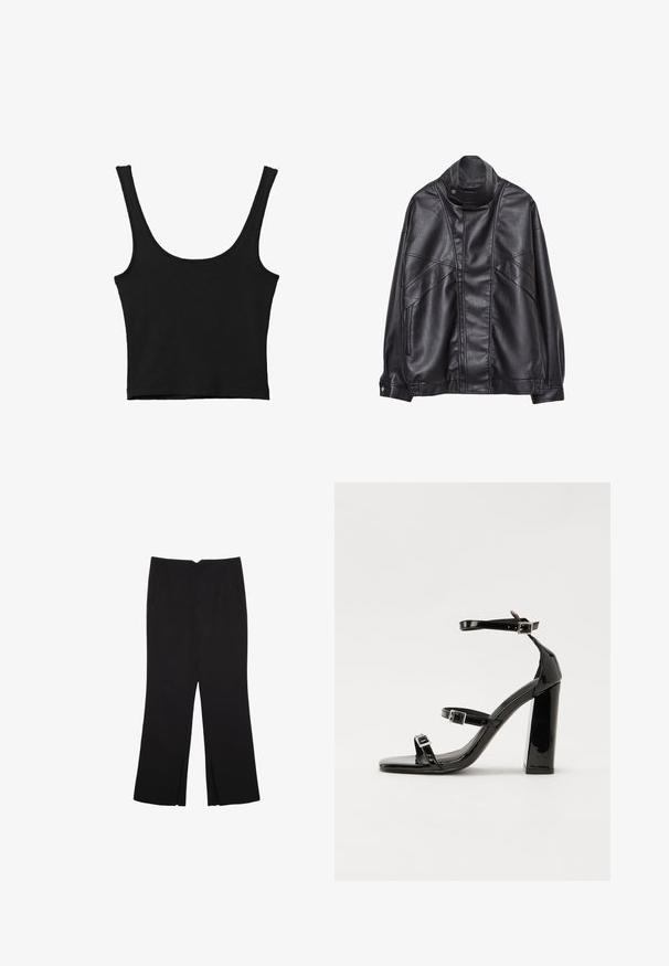 Giacca in pelle nera con collo alto e bottone a scatto, tasche con zip sui lati e cuciture dettagliate sul davanti e sulle maniche.; Top corto nero con spalline larghe, realizzato in materiale morbido, con una superficie liscia e un design minimalista.; Pantaloni neri a gamba dritta, con tasche frontali e spacchi laterali all'orlo. Realizzati in tessuto morbido e liscio. Adatti a diverse occasioni.; Sandali con tacco in vernice nera, con punta squadrata, cinturini alla caviglia e fibbie in argento. Presentano un tacco a blocco spesso per maggiore stabilità.