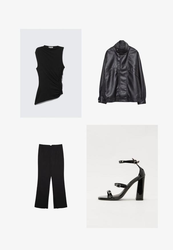Giacca in pelle nera con collo alto e bottone a scatto, tasche con zip sui lati e cuciture dettagliate sul davanti e sulle maniche.; Top nero senza maniche con dettaglio arricciato sul lato e orlo asimmetrico. Realizzato in tessuto morbido e elasticizzato. Collo rotondo.; Pantaloni neri a gamba dritta, con tasche frontali e spacchi laterali all'orlo. Realizzati in tessuto morbido e liscio. Adatti a diverse occasioni.; Sandali con tacco in vernice nera, con punta squadrata, cinturini alla caviglia e fibbie in argento. Presentano un tacco a blocco spesso per maggiore stabilità.