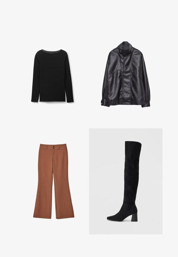 Černá kožená bunda s vysokým límcem a patentkami, zipovými kapsami na bocích a detailním prošíváním na přední části a rukávech.; Černý top s dlouhým rukávem vyrobený z měkké tkaniny. Má hladký výstřih a rovný lem se bočními rozparky. Hladká textura, minimalistický design.; Hnědé rozšířené kalhoty vyrobené z měkké látky. Obsahují dva přední knoflíky a mají hladkou texturu bez viditelných vzorů nebo akcentů.; Černé semišové vysoké boty s blokovým podpatkem, špičatou špičkou a hladkým, bezšvovým designem na jednoduchém světlém pozadí.