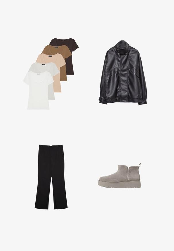 Črna usnjena jakna z visokim ovratnikom in pritrdilnimi gumbi, z žepi na zadrgo ob straneh ter podrobnim šivanjem spredaj in na rokavih.; Set petih kratkih majic s kratkimi rokavi v različnih barvah: bela, svetlo siva, bež, rjava in temno rjava. Vsaka ima okrogel izrez.; Črne hlače ravnega kroja z naglavnimi žepi in stranskimi razporki na robu. Narejene iz mehke, gladke tkanine. Primerne za različne priložnosti.; Sivi nubuk čevelj do gležnjev z nizkim profilom, elastičnimi stranskimi paneli in teksturirano gumijasto podplato. Ima zanko za enostavno oblačenje.