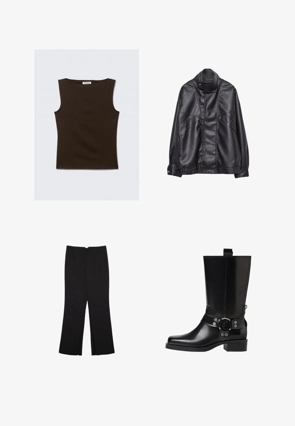 Černá kožená bunda s vysokým límcem a patentkami, zipovými kapsami na bocích a detailním prošíváním na přední části a rukávech.; Hnědý bezrukávový top vyrobený z elastického materiálu. Má kulatý výstřih a udržovaný střih s čistými okraji. Na štítku je napsáno "WEEKDAY."; Černé kalhoty s rovným střihem, s předními kapsami a bočními rozparky na lemu. Vyrobené z jemné, hladké tkaniny. Vhodné na různé příležitosti.; Černá kožená vysoká bunda s špičatou špičkou, stříbrnými sponami a robustní podešví. Obsahuje poutko pro snadné obutí.