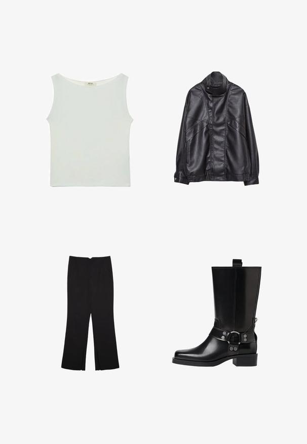 Black leather jacket with high collar and snap button, zip pockets on sides, and detailed stitching on front and sleeves.; White sleeveless top with a rounded neckline, made from a smooth fabric. Features a relaxed fit and straight hem. No visible patterns or accents.; Black trousers with a straight fit, featuring front pockets and side slits at the hem. Made of soft, smooth fabric. Suitable for various occasions.; Black leather knee-high boot with a pointed toe, silver buckle accents, and a chunky heel. Features a pull tab for easy wear.