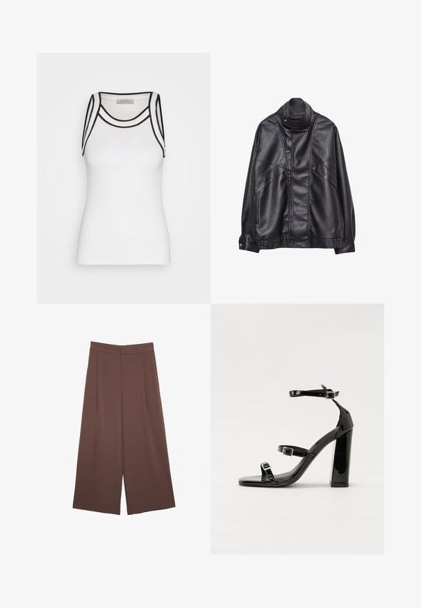 Zwarte leren jas met hoge kraag en drukknoop, ritszakken aan de zijkanten en gedetailleerde stiksels op de voorkant en mouwen.; Witte tanktop van ribstof, met zwarte accenten langs de halslijn en armsgaten, en een aansluitende pasvorm.; Bruine wijde broek met een gladde textuur, voorzien van een hoge taille en plooien aan de voorkant. De stof is lichtgewicht en valt losjes.; Zwarte gepatenteerde sandalen met hak en een vierkante neus, enkelbandjes en zilveren gespen. Heeft een stevige blokhak voor stabiliteit.