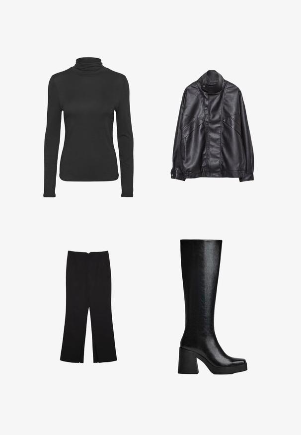 Crna kožna jakna s visokim ovratnikom i snap dugmetom, zip džepovima sa strane i detaljnim šavovima na prednjem dijelu i rukavima.; Crna majica s dugim rukavima i rolkom, izrađena od glatkog, elastičnog materijala. Ima uski kroj i klasičnu visoku kragnu.; Crne hlače ravnog kroja, s prednjim džepovima i bočnim prorezima na rubu. Izrađene od mekog i glatkog materijala. Pogodne za razne prigode.; Crna čizma do koljena izrađena od teksturiranog sintetičkog materijala, s četvrtastim vrhom, debelim visokim potplatom i glatkom, sjajnom površinom.
