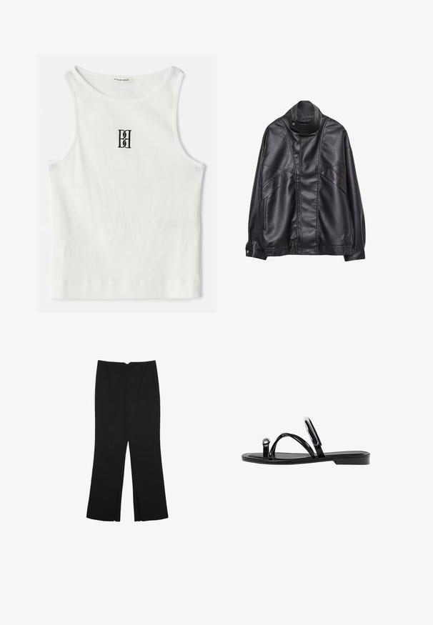 Čierna kožená bunda s vysokým golierom a cvokmi, so zipsovými vreckami po stranách a precízne prešívaním na prednej strane a rukávoch.; Biely rebrovaný tielko s čiernym výšivkovým logom umiestneným na hrudi. Výstrih a otvory na rukávy sú dokončené jemným lemovaním.; Čierne nohavice so strihom rovného strihu, s prednými vreckami a bočnými rozparkami na leme. Vyrobené z mäkkej, hladkej tkaniny. Vhodné na rôzne príležitosti.; Čierne ploché sandále s lesklým povrchom, tromi tenkými popruhmi a okrúhlou kovovou ozdobou na prste. Elegantný dizajn s minimálnym podpätkom.