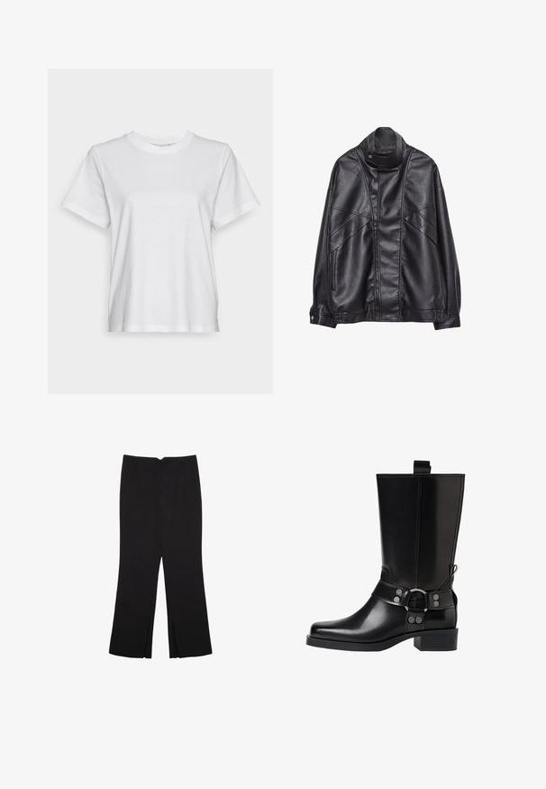 Crna kožna jakna s visokim ovratnikom i snap dugmetom, zip džepovima sa strane i detaljnim šavovima na prednjem dijelu i rukavima.; Bijela pamučna majica kratkih rukava s okruglim izrezom i opuštenim krojem. Glatka tekstura, bez uzoraka ili grafike, osnovni dizajn.; Crne hlače ravnog kroja, s prednjim džepovima i bočnim prorezima na rubu. Izrađene od mekog i glatkog materijala. Pogodne za razne prigode.; Crne kožne čizmice do koljena s šiljastim prstima, sličnim srebrnim kopčama i debelim potplatima. Imaju rupicu za lakše oblačenje.
