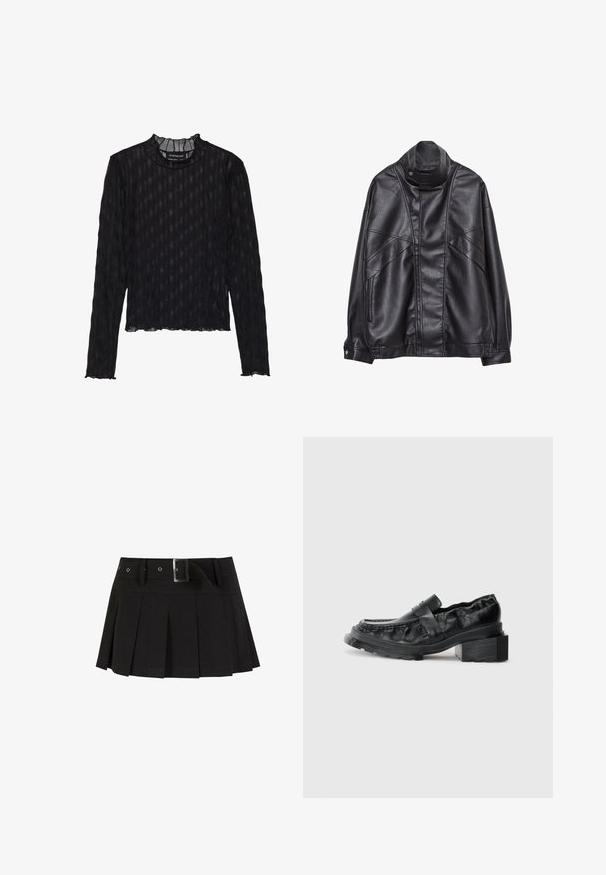 Musta nahkatakki, jossa on korkea kaulus ja nepparit, vetoketjulliset taskut sivuilla sekä yksityiskohtaista ompelua edessä ja hihoissa.; Mustapaitapusero pitkillä hihoilla, jossa on läpinäkyvä ribbitekstuuri, frillalla varustettu korkea kaulus ja lyhyt helma.; Mustat poimutetut hameet vyöllä. Valmistettu sileästä kankaasta, jossa on hopeinen solki ja rakenteellinen vyötärö, joka lisää tyyliä.; Mustat nahkakengät, joissa on jämäkkä pohja, hieman korotettu lohkopohja ja teksturoitu pinta, jota pidetään paikallaan etuhihnalla.