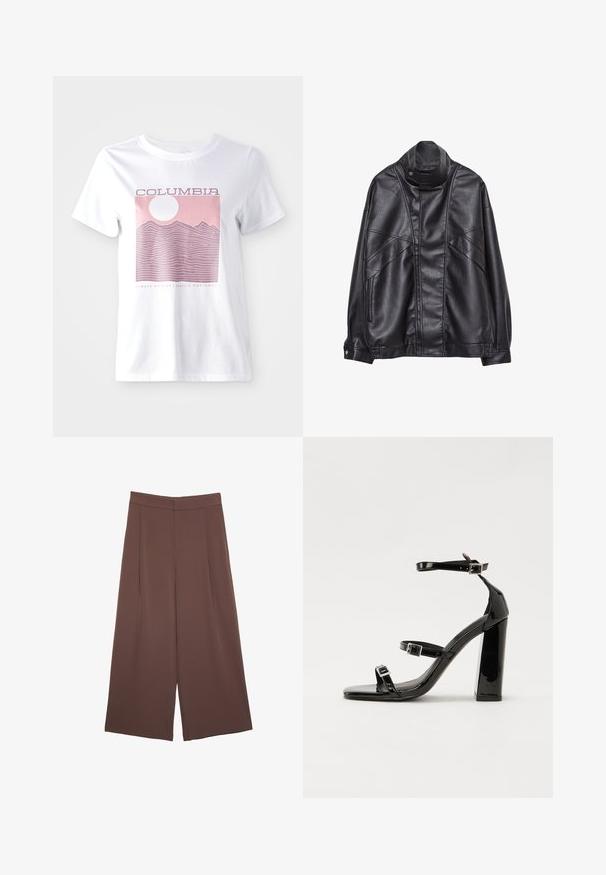 Černá kožená bunda s vysokým límcem a patentkami, zipovými kapsami na bocích a detailním prošíváním na přední části a rukávech.; Bílá bavlněná tričko s růžovou grafikou hory, sluncem a textem "COLUMBIA" a "VŽDY VENKU | PACIFICKÝ NOHVÝ ZÁPAD."; Hnědé široké kalhoty s hladkou texturou, vysokým pasem a předními záhyby. Materiál je lehký a volně splývá.; Černé lakované sandály na podpatku se čtveratou špičkou, lýtkovými pásky a stříbrnými přezkami. Disponují masivním blokovým podpatkem pro stabilitu.