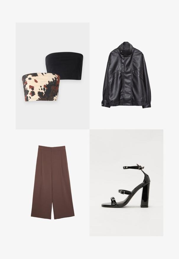 Czarna skórzana kurtka z wysokim kołnierzem i zatrzaskiem, z zapinanymi na zamek kieszeniami po bokach oraz szczegółowym przeszyciem z przodu i na rękawach.; Dwa strapless topy bandeau: jeden w kolorze czarnym, drugi w kolorze kremowym z odważnym czarno-brązowym abstrakcyjnym wzorem. Elastyczny materiał bawełniany.; Brązowe spodnie o szerokich nogawkach z gładką fakturą, z wysokim stanem i plisami z przodu. Materiał jest lekki i luźno opada.; Czarne lakierowane sandały na obcasie z kwadratowym noskiem, z paskami wokół kostki i srebrnymi klamrami. Posiadają masywny słupek dla stabilności.