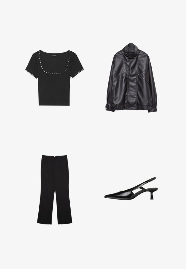 Giacca in pelle nera con collo alto e bottone a scatto, tasche con zip sui lati e cuciture dettagliate sul davanti e sulle maniche.; Top corto a maniche corte nero a costine con scollo ampio, impreziosito da borchie argentate lungo lo scollo e le maniche.; Pantaloni neri a gamba dritta, con tasche frontali e spacchi laterali all'orlo. Realizzati in tessuto morbido e liscio. Adatti a diverse occasioni.; Tacchi slingback in pelle verniciata nera con punta affusolata, design con tagli laterali e tacco quadrato piccolo. Texture liscia con dettagli minimi.