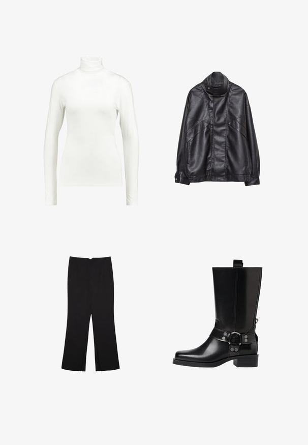 Črna usnjena jakna z visokim ovratnikom in pritrdilnimi gumbi, z žepi na zadrgo ob straneh ter podrobnim šivanjem spredaj in na rokavih.; Kaffe YOKO ROLLNECK LS - Majica z dolgimi rokavi - chalk; Črne hlače ravnega kroja z naglavnimi žepi in stranskimi razporki na robu. Narejene iz mehke, gladke tkanine. Primerne za različne priložnosti.; Črne usnjene škornje do kolen s koničastim nosom, srebrnimi zaponkami in debelim peto. Imajo zanko za enostavno obuvanje.