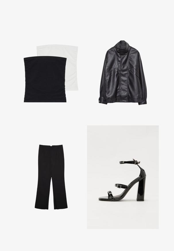 Crna kožna jakna s visokim ovratnikom i snap dugmetom, zip džepovima sa strane i detaljnim šavovima na prednjem dijelu i rukavima.; Dva rastezljiva topa bez rukava, jedan u crnoj, a drugi u bijeloj boji, od mekog, glatkog materijala s naboranom teksturom sa strane.; Crne hlače ravnog kroja, s prednjim džepovima i bočnim prorezima na rubu. Izrađene od mekog i glatkog materijala. Pogodne za razne prigode.; Crne lakirane sandale na visoku petu s dva remena s kopčama, kvadratnim vrhom i masivnom blok petom, s glatkom, sjajnom teksturom.