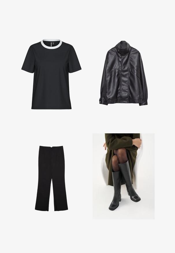 Čierna kožená bunda s vysokým golierom a cvokmi, so zipsovými vreckami po stranách a precízne prešívaním na prednej strane a rukávoch.; Čierne tričko s bielym hrdlom z rebrovanej textílie, krátkymi rukávmi a uvoľneným strihom; vyrobené z hladkej tkaniny bez viditeľných vzorov či detailov.; Čierne nohavice so strihom rovného strihu, s prednými vreckami a bočnými rozparkami na leme. Vyrobené z mäkkej, hladkej tkaniny. Vhodné na rôzne príležitosti.; Čierne kožené čižmy po kolená so štvrtým prstom a blokovým opätkom, zobrazené s modelom sediacim v olivovo zelenej bunde. Hladká textúra, minimálne detaily.