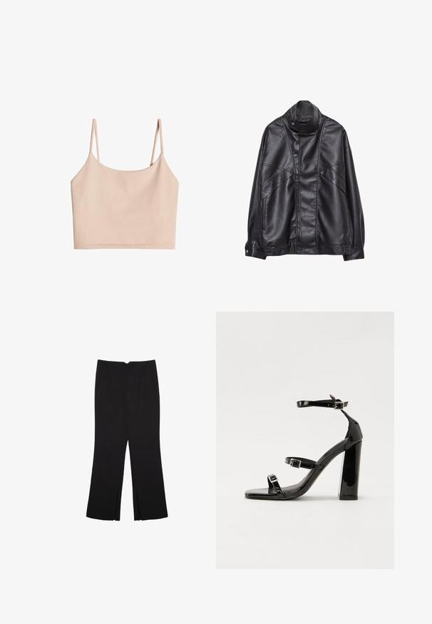 Black leather jacket with high collar and snap button, zip pockets on sides, and detailed stitching on front and sleeves.; Nude-colored cropped tank top with thin straps, made of soft fabric, featuring a smooth texture and a simple, straight-cut design.; Black trousers with a straight fit, featuring front pockets and side slits at the hem. Made of soft, smooth fabric. Suitable for various occasions.; Black patent heeled sandals with a square toe, ankle straps, and silver buckles. Features a chunky block heel for stability.