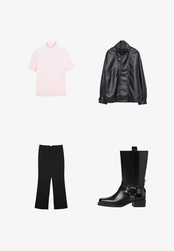 Czarna skórzana kurtka z wysokim kołnierzem i zatrzaskiem, z zapinanymi na zamek kieszeniami po bokach oraz szczegółowym przeszyciem z przodu i na rękawach.; Krótki rękaw golf z miękkiego różowego materiału. Posiada dopasowany krój i gładką teksturę z prążkowanymi krawędziami przy kołnierzu i dolnej części.; Czarne spodnie o prostym kroju, z przednimi kieszeniami i bocznymi rozcięciami na dole. Wykonane z miękkiego, gładkiego materiału. Odpowiednie na różne okazje.; Czarne skórzane buty za kolano z wydłużonym noskiem, srebrnymi akcentami w postaci klamr oraz masywnym obcasem. Posiadają pętelkę umożliwiającą łatwe zakładanie.