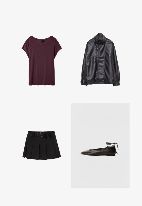 Černá kožená bunda s vysokým límcem a patentkami, zipovými kapsami na bocích a detailním prošíváním na přední části a rukávech.; Bordové tričko s krátkým rukávem, kulatý výstřih, vyrobené z jemné tkaniny s hladkým povrchem. Má volný střih a minimální švy.; Černá plisovaná sukně s páskem. Vyrobena z hladkého materiálu, zdobená stříbrnou sponou a se strukturálním pasekem pro zvýraznění stylu.; Černé kožené baletky s špičatou špičkou, vázáním na kotníku a plochou podrážkou, s hladkým povrchem a minimalistickým designem.