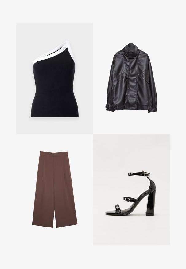 Musta nahkatakki, jossa on korkea kaulus ja nepparit, vetoketjulliset taskut sivuilla sekä yksityiskohtaista ompelua edessä ja hihoissa.; Musta ribbed-yksiolkapaitapaita valkoisilla yksityiskohdilla kauluksessa. Istuva malli, pehmeä rakenne ja siistit linjat.; Ruskeat leveälahkeiset housut, joissa on sileä pinta, korkea vyötärö ja etupleat. Kangas on kevyttä ja laskeutuu väljänä.; Musta kiiltävä korkokenkä sandaalit neliönmuotoisella varpaalla, nilkkaremmillä ja hopeisilla soljilla. Varustettu tukevalla lohkokorkealla vakauden takaamiseksi.