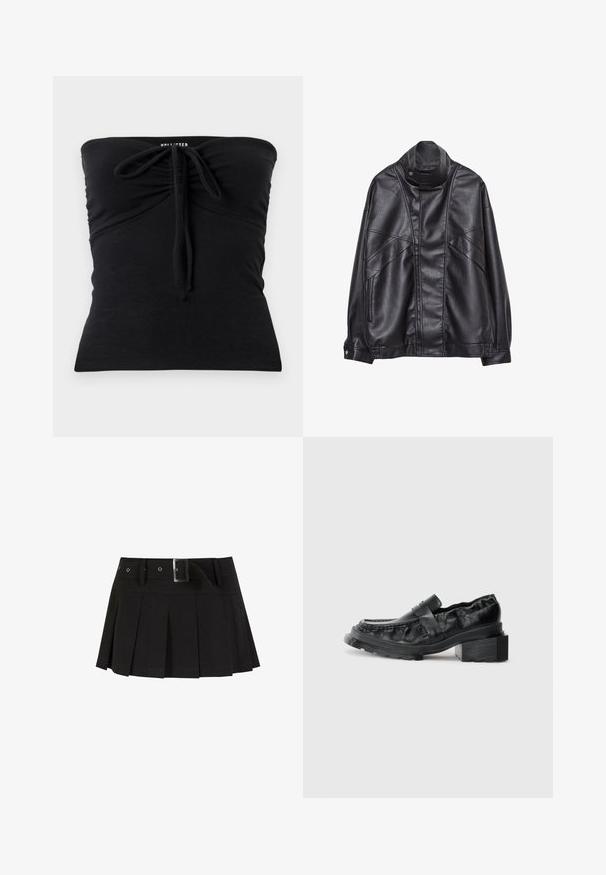 Črna usnjena jakna z visokim ovratnikom in pritrdilnimi gumbi, z žepi na zadrgo ob straneh ter podrobnim šivanjem spredaj in na rokavih.; Črna brezramna majica iz mehkega materiala, s prilagodljivim vrvico spredaj, z gladko teksturo in oprijetim krojem.; Črna nabranna krilna z pasom. Narejena iz gladkega materiala, s srebrno zaponko in strukturiranim pasom za dodaten stil.; Črne usnjene loferice s strukturirano podplatom, ki imajo nekoliko dvignjen blok peto in teksturirano zgornji del, zavarovane s sprednjim pasom.