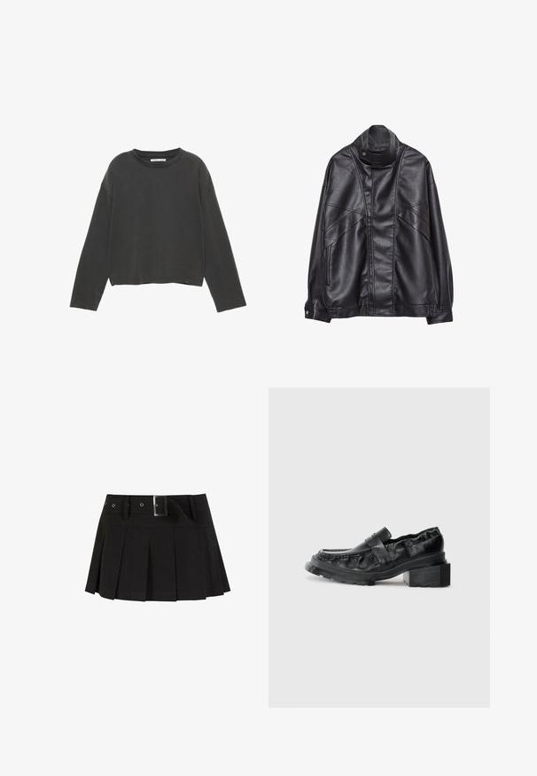 Čierna kožená bunda s vysokým golierom a cvokmi, so zipsovými vreckami po stranách a precízne prešívaním na prednej strane a rukávoch.; Čierne skrátené tričko s dlhým rukávom vyrobené z mäkkého bavlneného materiálu. Má okrúhly výstrih a viditeľné stehy pozdĺž švov.; Čierna skladaná sukňa s opaskom. Vyrobená z hladkej látky, s striebornou prackou a tvarovaným pásom pre zvýraznenie štýlu.; Čierne kožené loafers s pevným podrážkou, s mierne zvýšeným blokovým podpätkom a štruktúrovaným zvrškom, zabezpečené predným pásom.