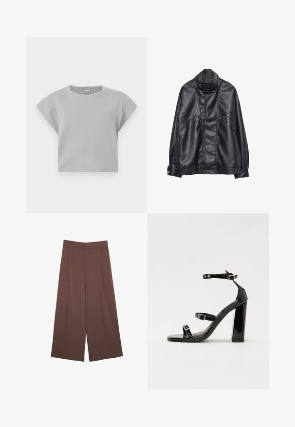 Črna usnjena jakna z visokim ovratnikom in pritrdilnimi gumbi, z žepi na zadrgo ob straneh ter podrobnim šivanjem spredaj in na rokavih.; Svetlo siva skrajšana majica s kratkimi, zvrtanimi rokavi, okroglim izrezom in subtilnimi potiski. Narejena iz mehke, zračne tkanine.; Rjave široke hlače z gladko teksturo, ki imajo visok pas in sprednje naborke. Tkanina je lahka in prosto pada.; Črne lakirane sandale s peto, kvadratnim prstom, trakovi okrog gležnja in srebrnimi zaponkami. Opremljene so s stabilno Debelo peto.